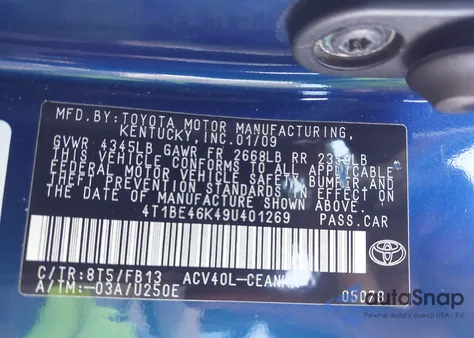 2009 Toyota Camry z USA, uszkodzony, nr VIN 4T1BE46K49U401269